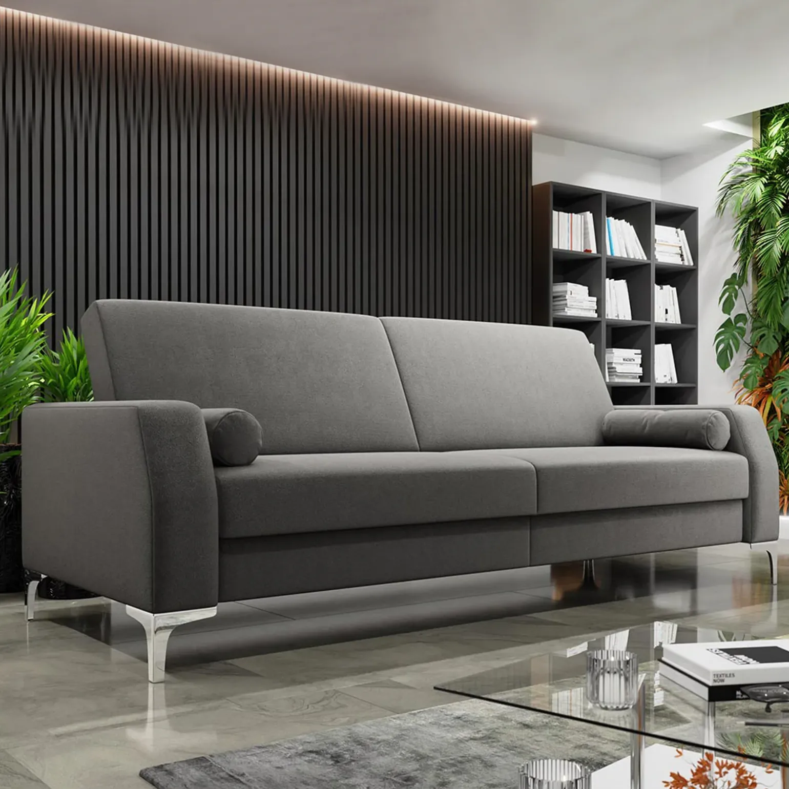 Divano letto 3 posti 225x87cm con box contenitore tessuto grigio Coty