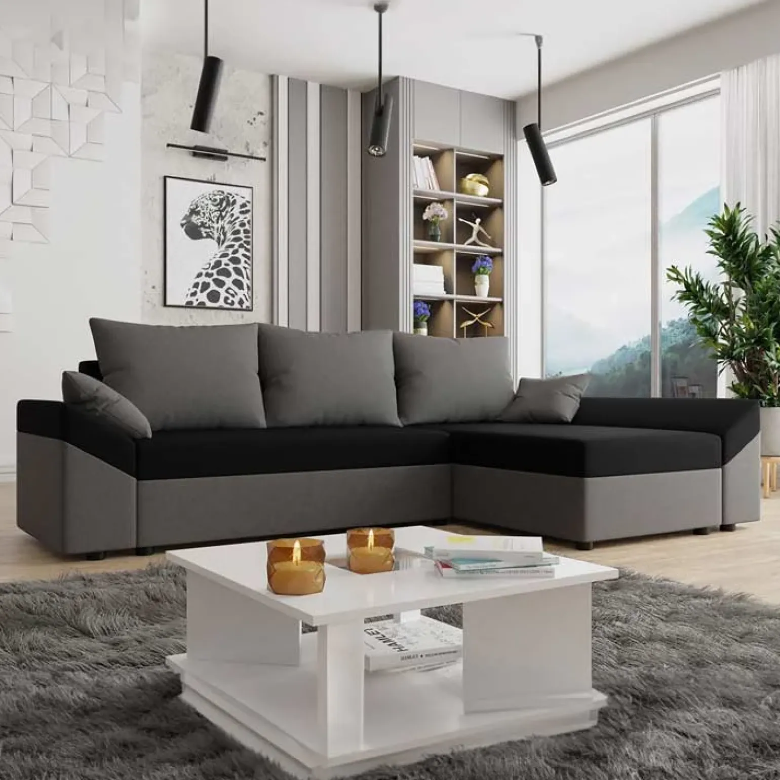 Divano letto 3 posti 240x145cm matrimoniale angolare grigio nero Appia