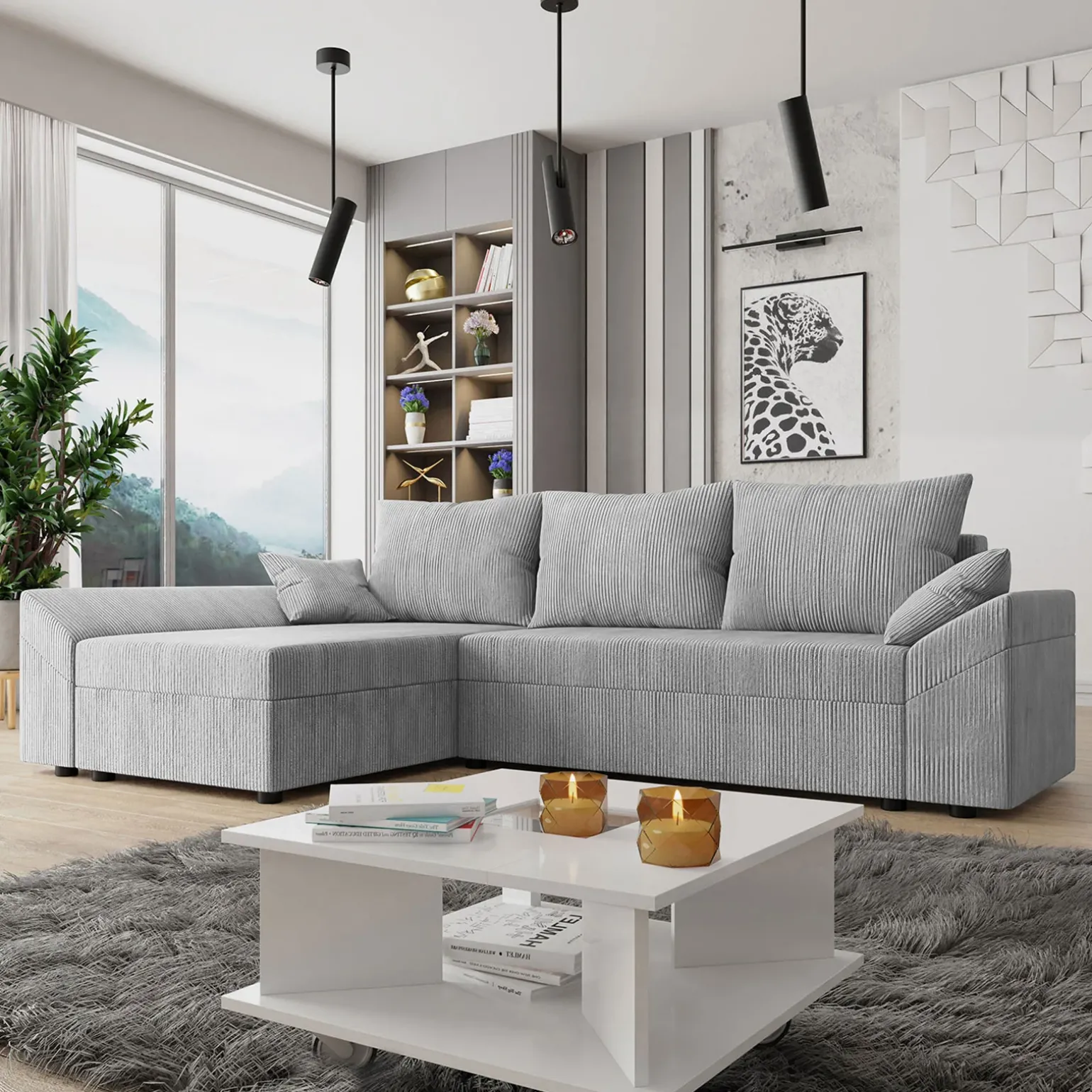 Divano letto 3 posti 240x145cm matrimoniale angolare velluto a coste grigio Appia