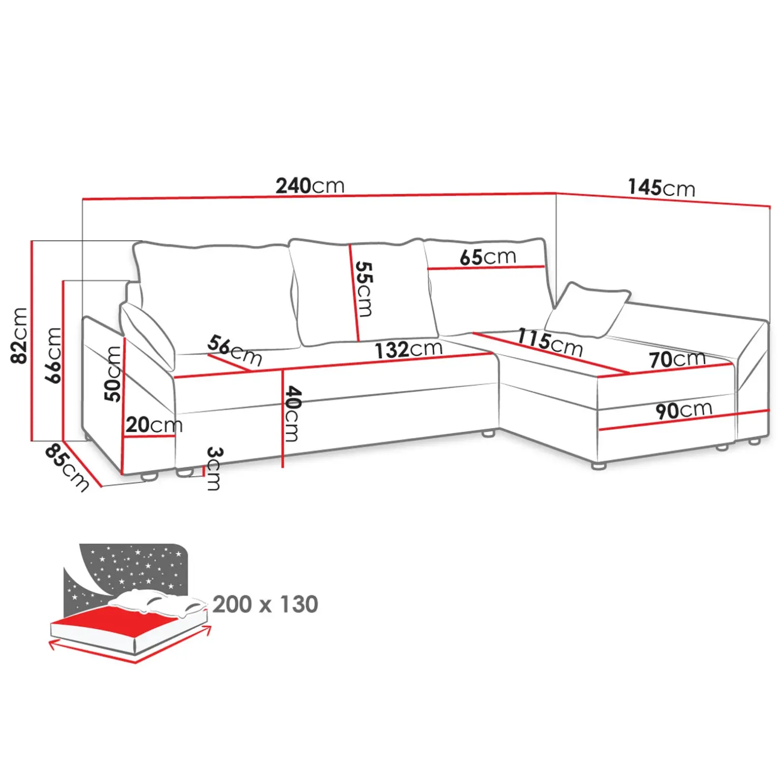 Divano letto 3 posti 240x145cm matrimoniale angolare blu Appia