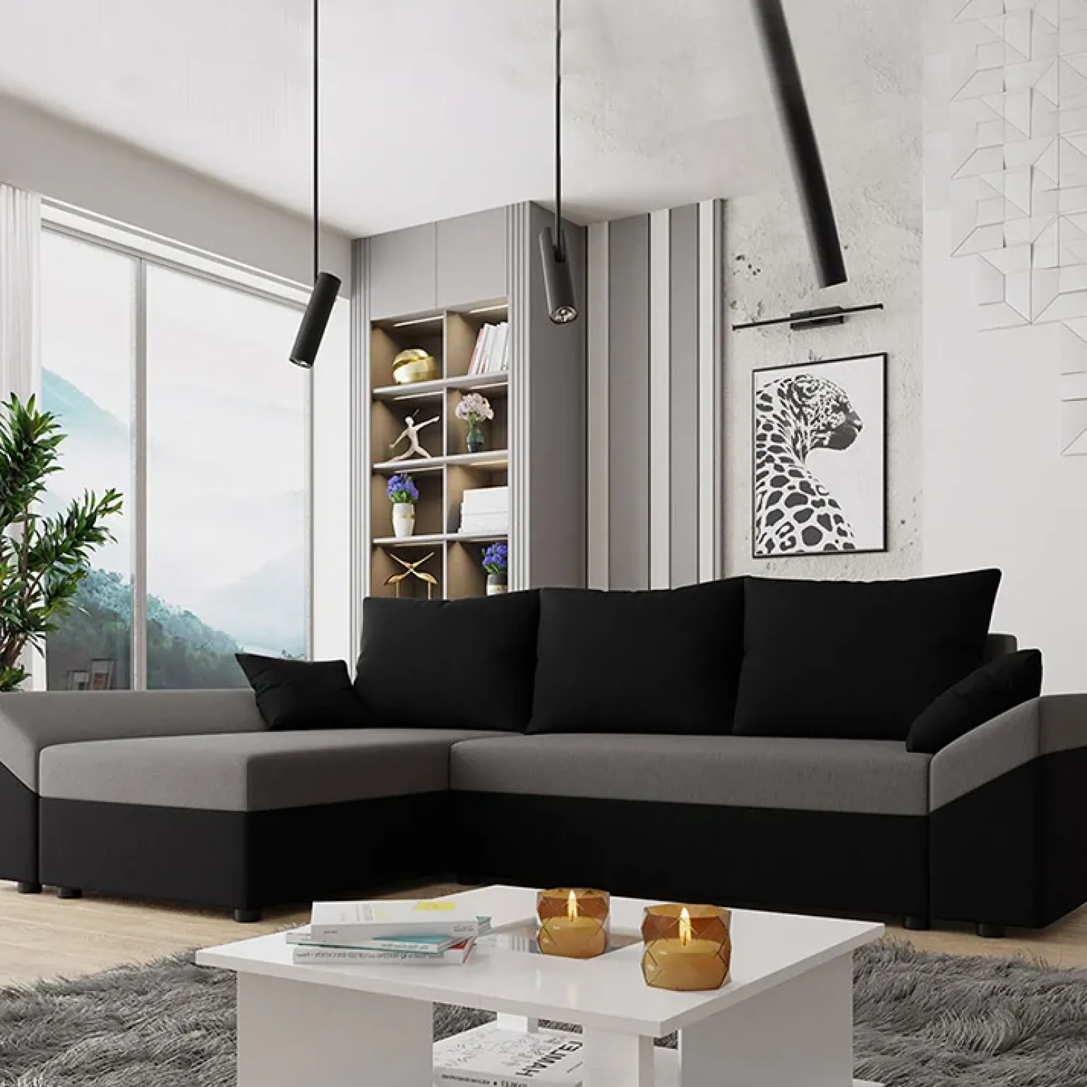 Divano letto 3 posti 240x145cm matrimoniale angolare nero grigio Appia