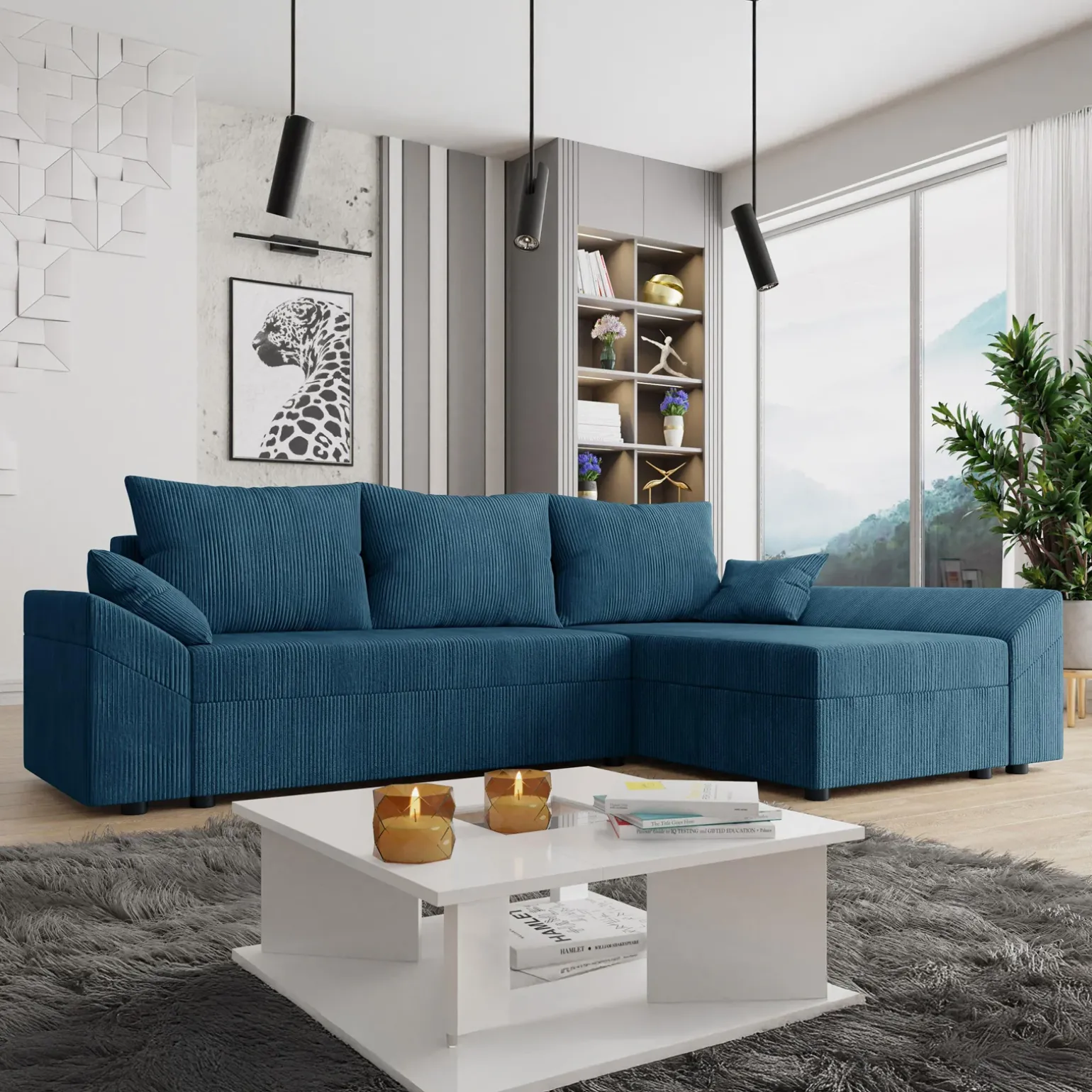 Divano letto 3 posti 240x145cm matrimoniale angolare velluto a coste blu Appia