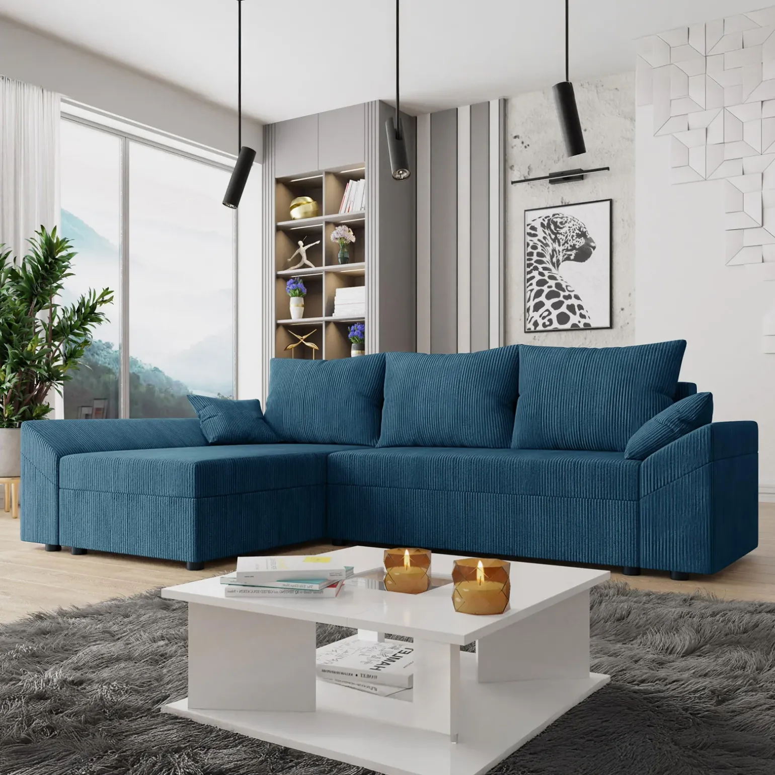 Divano letto 3 posti 240x145cm matrimoniale angolare velluto a coste blu Appia