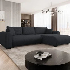 Divano letto angolare 4 posti 285x188cm con contenitore tessuto velluto a coste nero Soft
