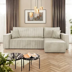 Divano letto angolare 3 posti 244x145cm con box contenitore velluto a coste beige Ploffy