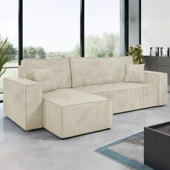 Divano letto angolare 3 posti 244x145cm con box contenitore velluto a coste beige Ploffy