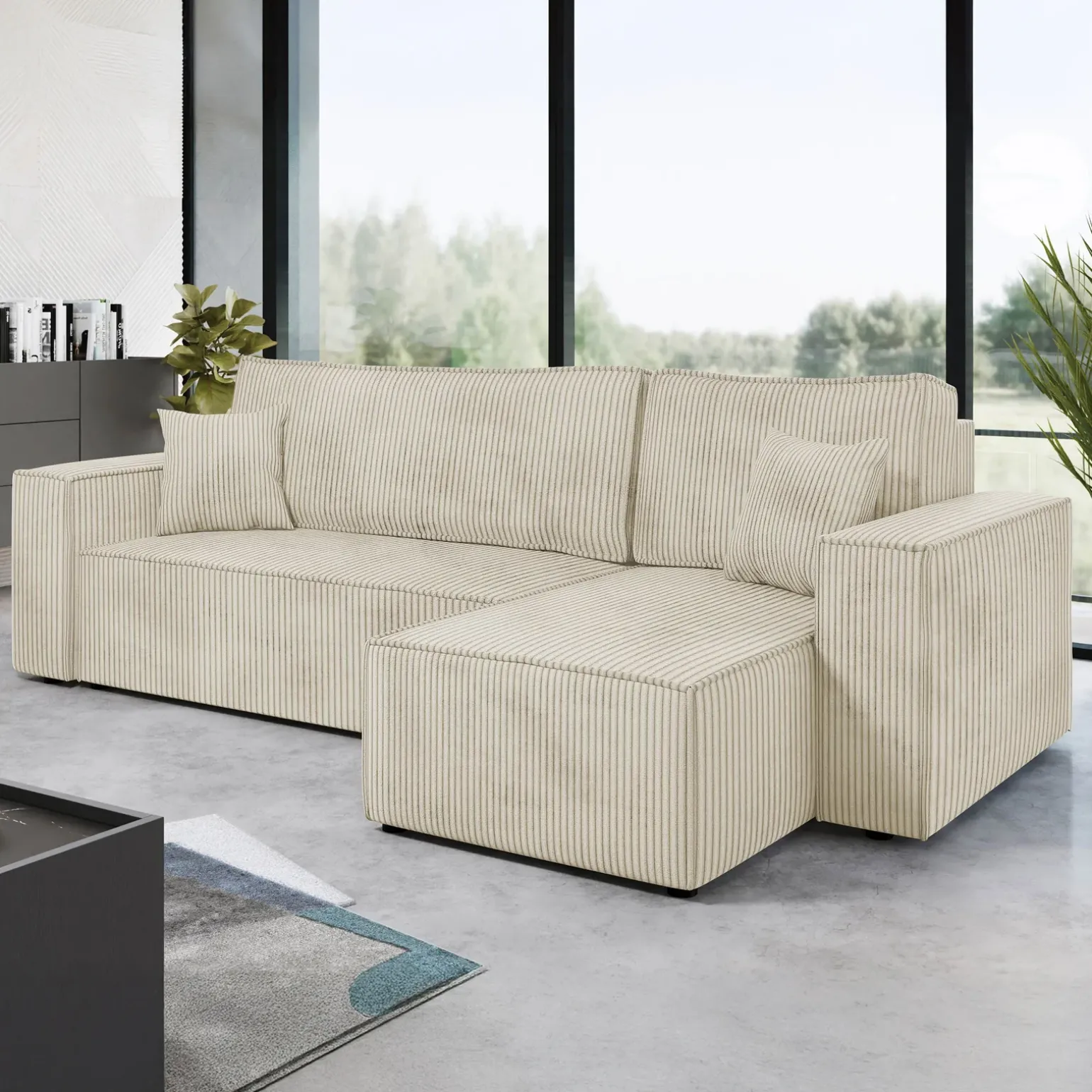 Divano letto angolare 3 posti 244x145cm con box contenitore velluto a coste beige Ploffy