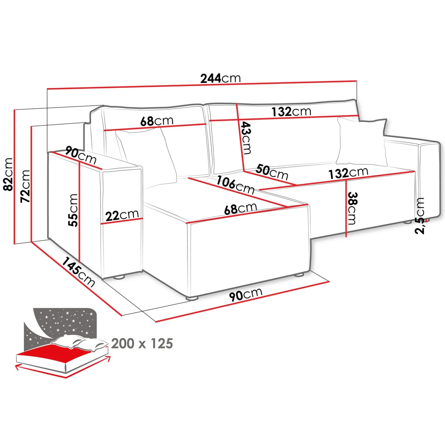 Divano letto angolare 3 posti 244x145cm con box contenitore velluto a coste beige Ploffy