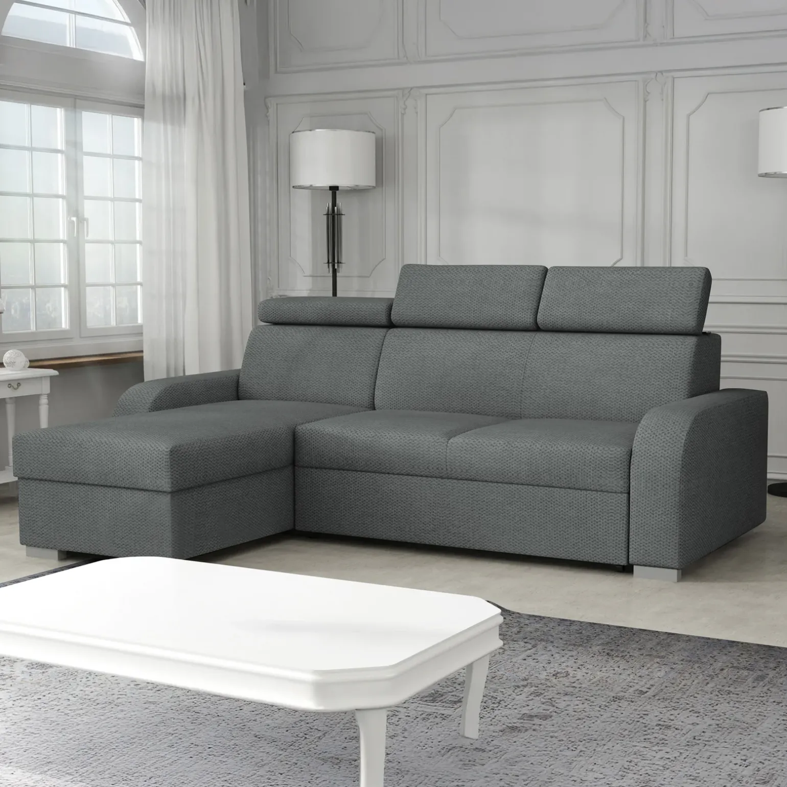 Divano letto angolare 3 posti 235x170cm con box contenitore grigio Tebro
