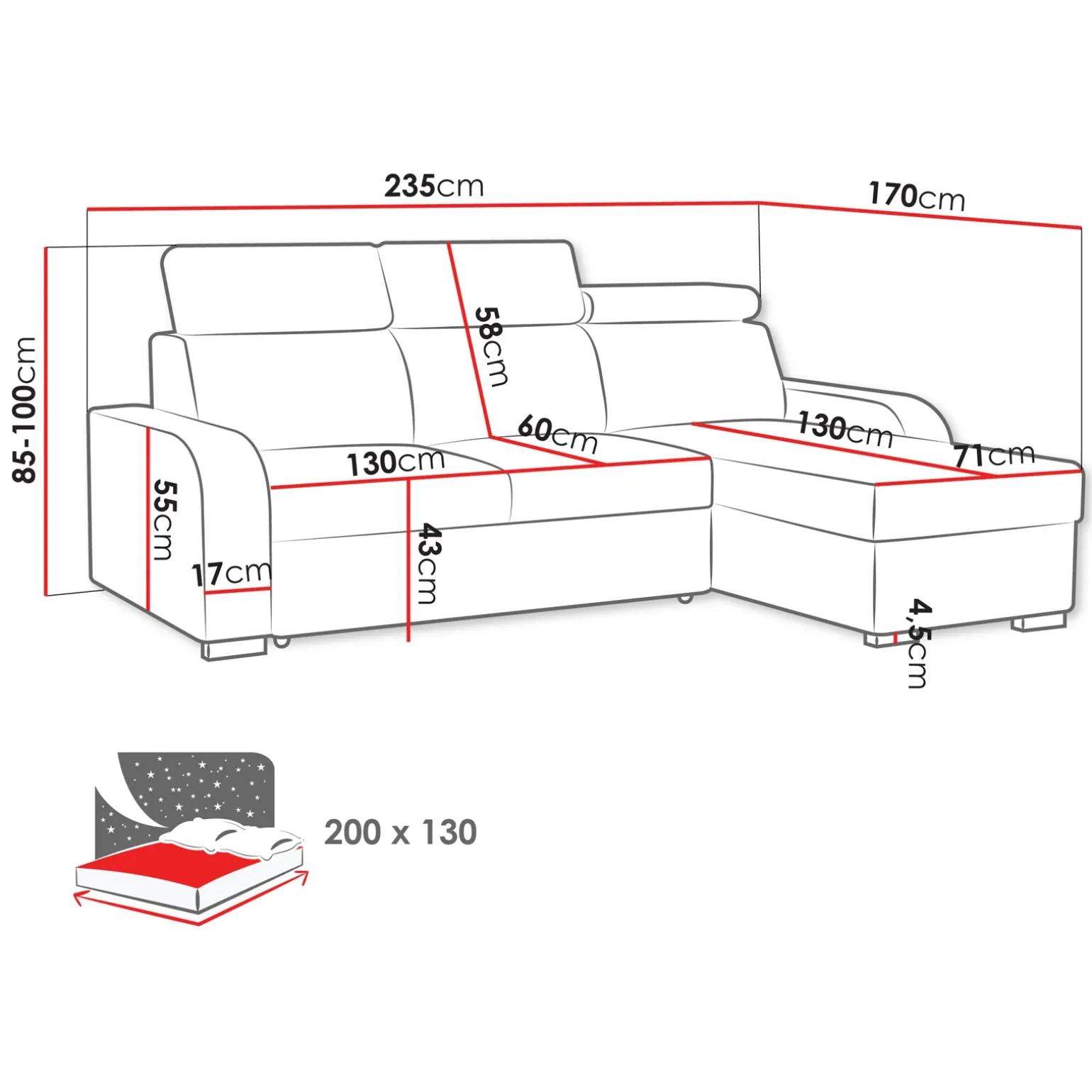 Divano letto angolare 3 posti 235x170cm con box contenitore grigio Tebro