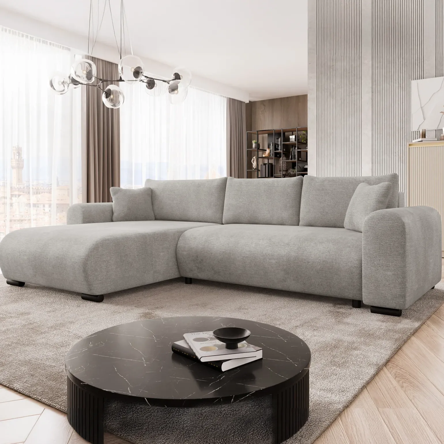 Divano letto angolare 4 posti 285x188cm con contenitore imbottito tessuto grigio Soft