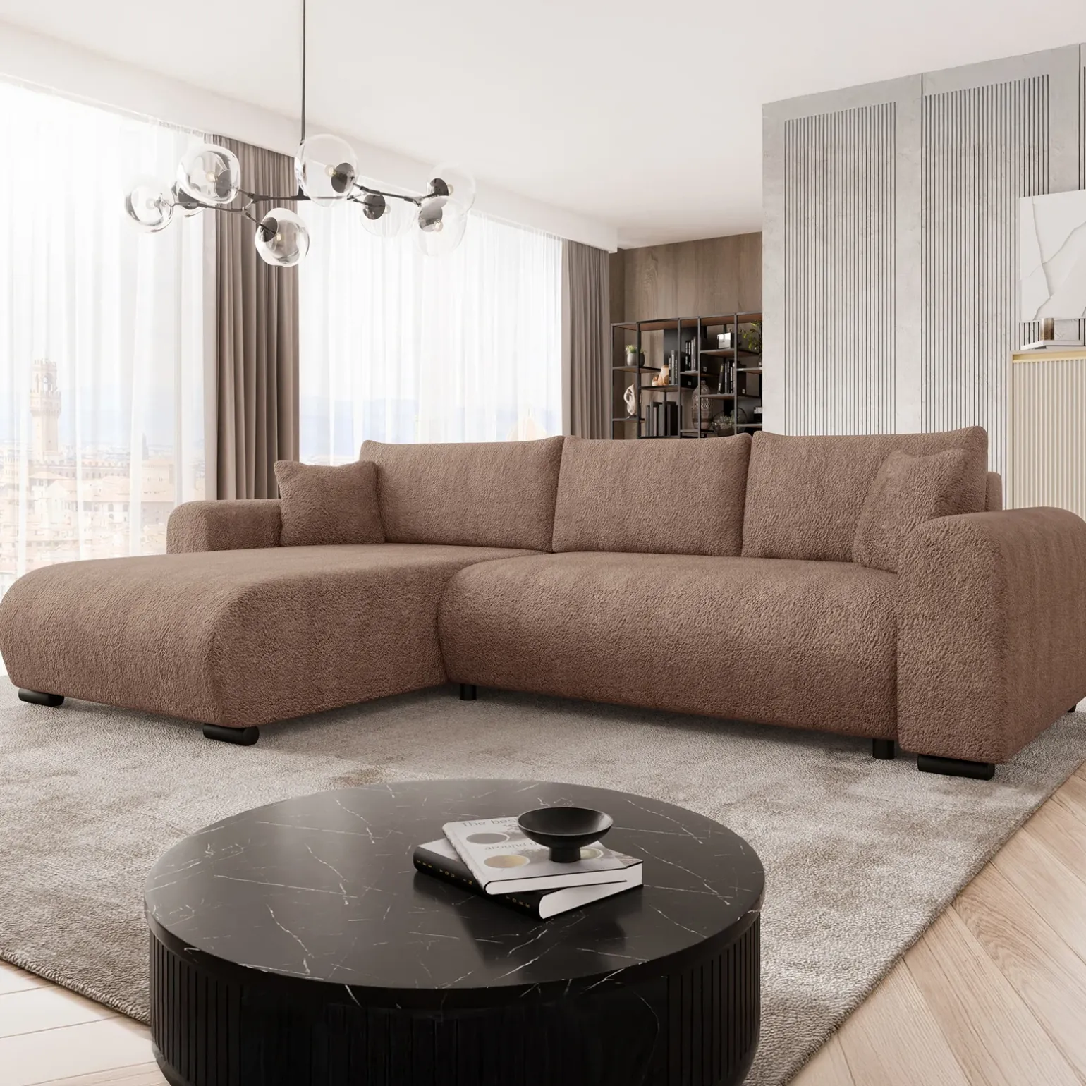 Divano letto angolare 4 posti 285x188cm con contenitore tessuto bouclé marrone chiaro Soft