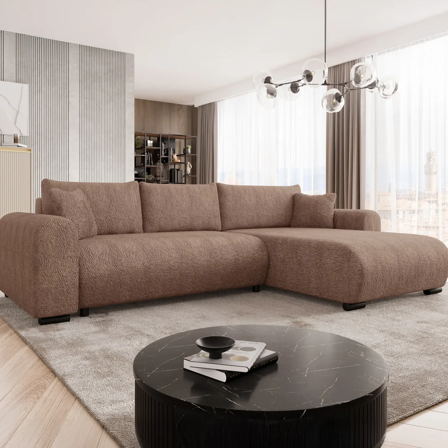 Divano letto angolare 4 posti 285x188cm con contenitore tessuto bouclé marrone chiaro Soft