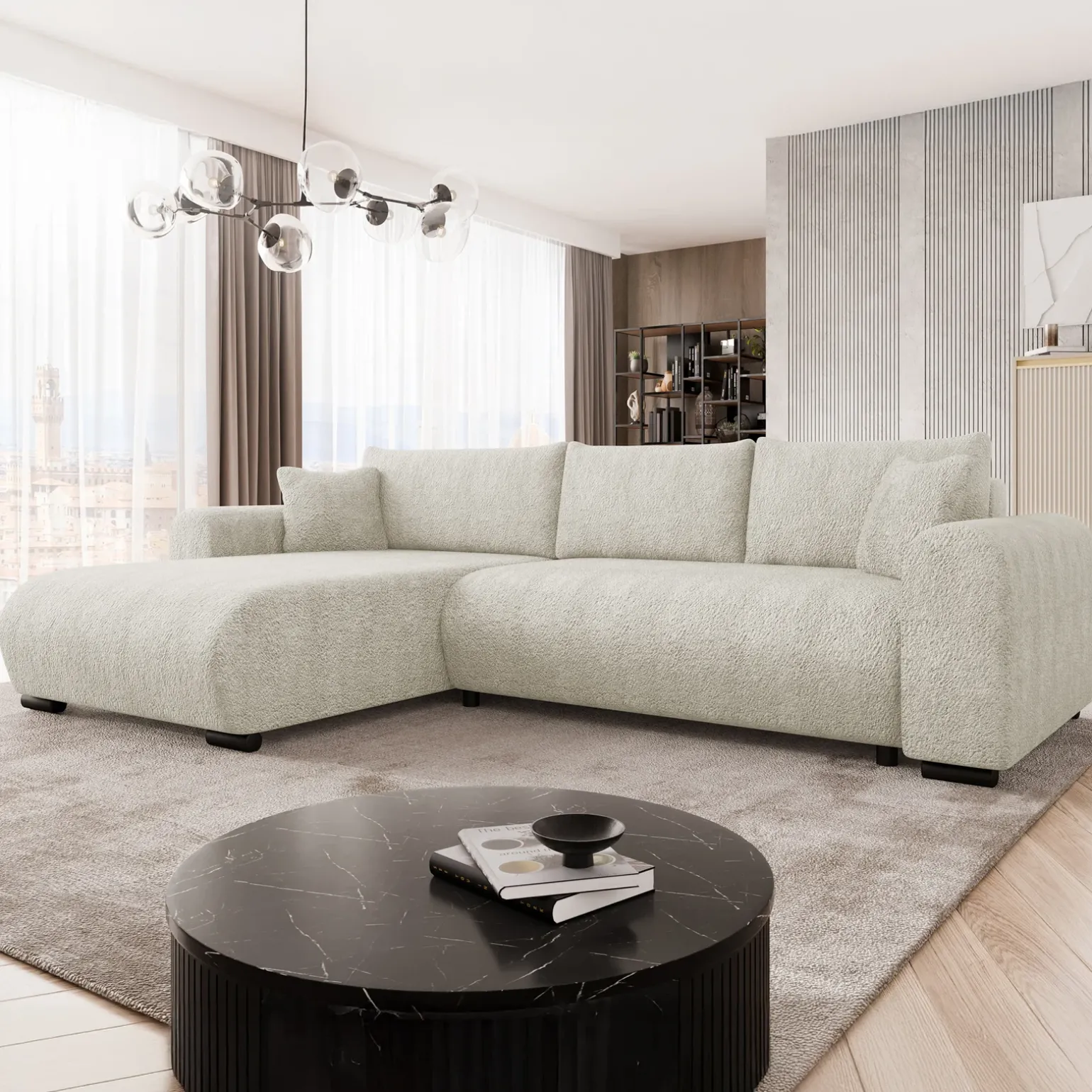 Divano letto angolare 4 posti 285x188cm con contenitore tessuto bouclé beige chiaro Soft