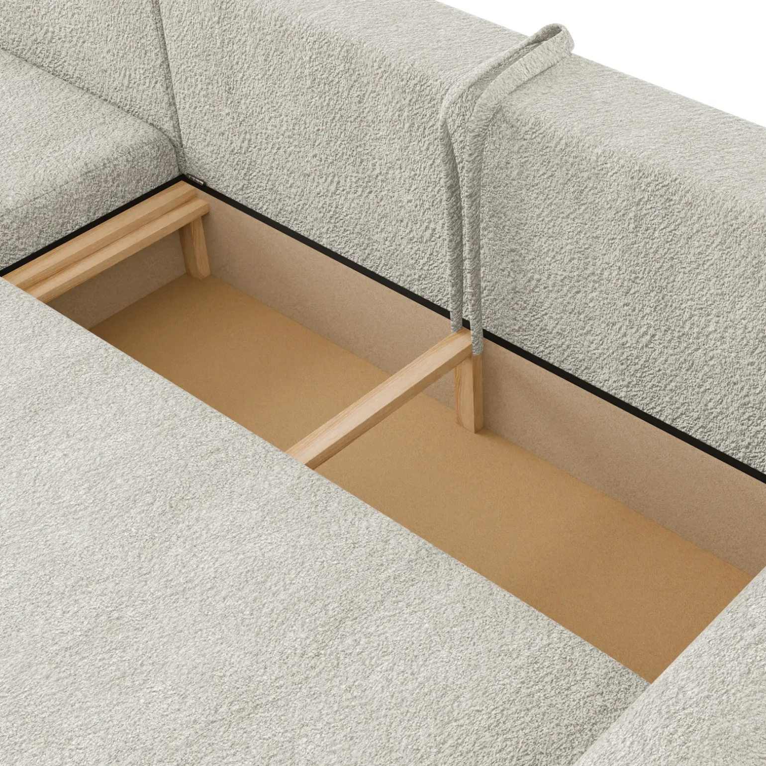 Divano letto angolare 4 posti 285x188cm con contenitore tessuto bouclé beige chiaro Soft