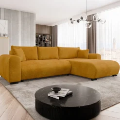 Divano letto angolare 4 posti 285x188cm con contenitore imbottito tessuto giallo senape Soft
