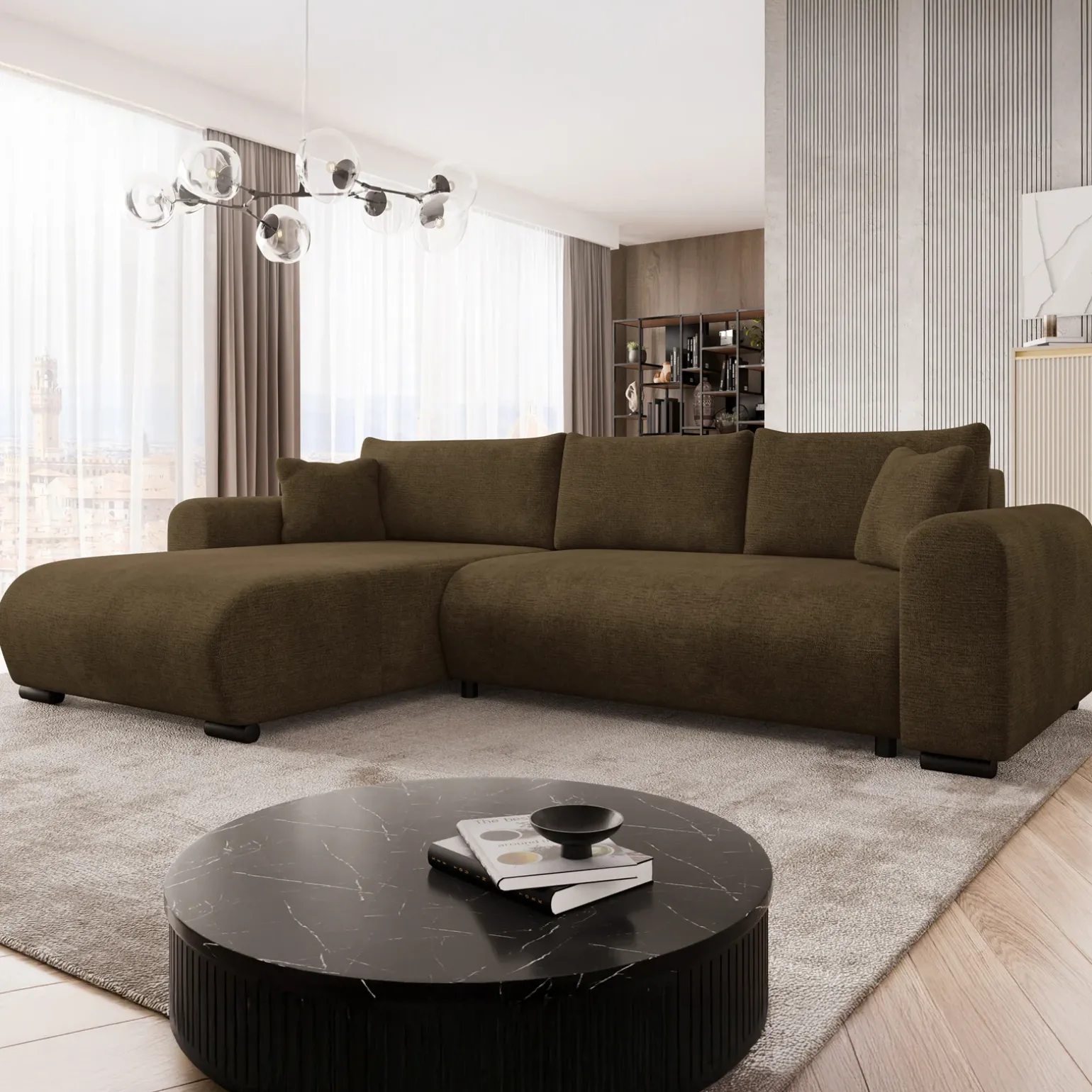 Divano letto angolare 4 posti 285x188cm con contenitore imbottito tessuto marrone Soft