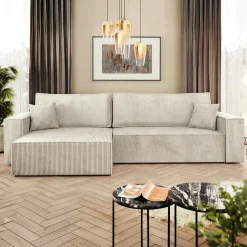 Divano letto angolare 4 posti 272x145cm con box contenitore velluto a coste beige Ploffy