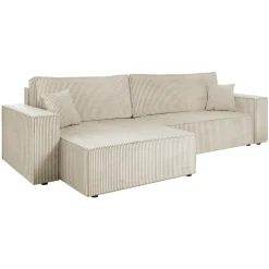 Divano letto angolare 4 posti 272x145cm con box contenitore velluto a coste beige Ploffy