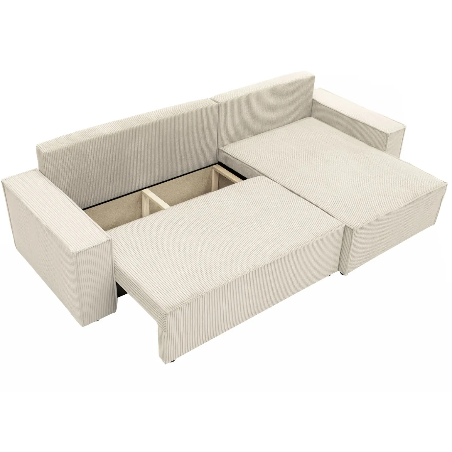 Divano letto angolare 4 posti 272x145cm con box contenitore velluto a coste beige Ploffy