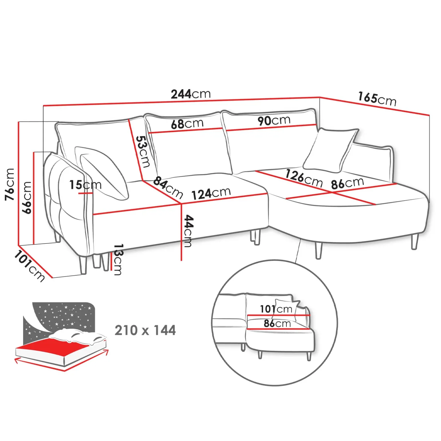 Divano letto angolare 3 posti 244x165cm tessuto blu Lollypop