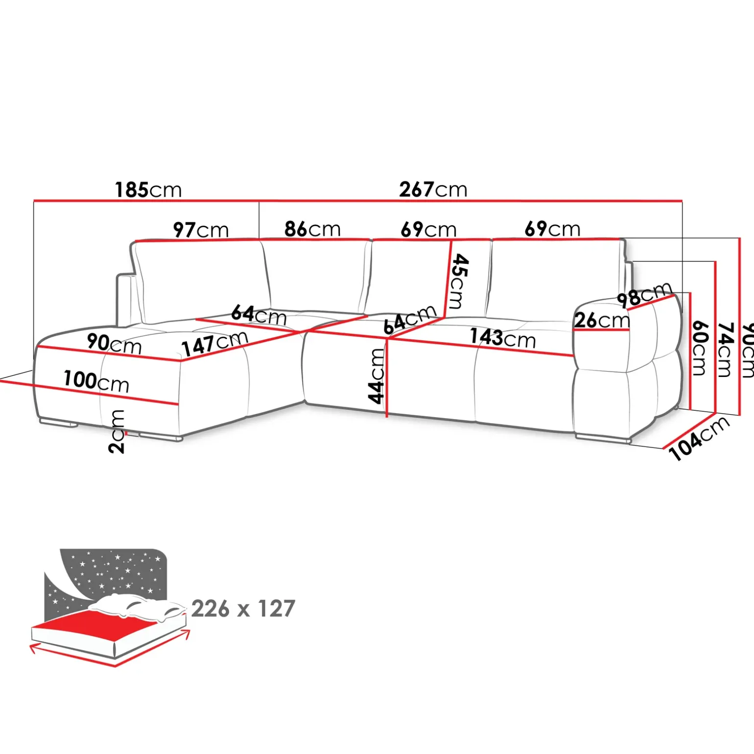 Divano letto angolare 3 posti 267x185cm box contenitore antracite Sottovoce