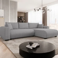 Divano letto angolare 4 posti 285x188cm con contenitore tessuto velluto a coste grigio Soft