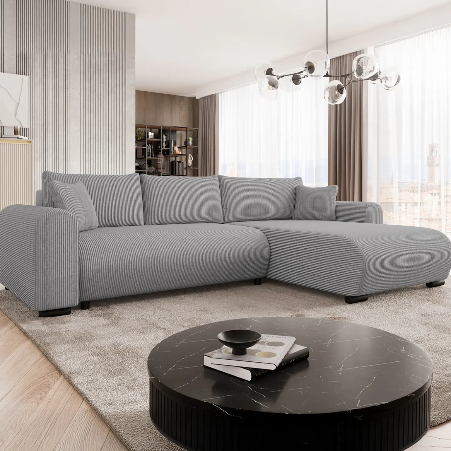 Divano letto angolare 4 posti 285x188cm con contenitore tessuto velluto a coste grigio Soft
