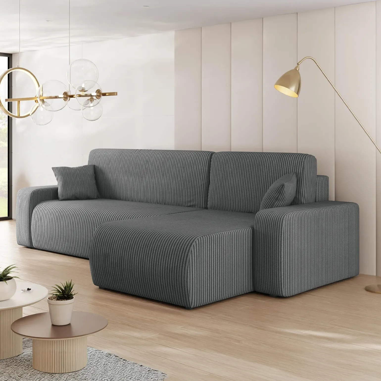 Divano letto angolare 3 posti 244x145cm con contenitore a coste antracite Slurp