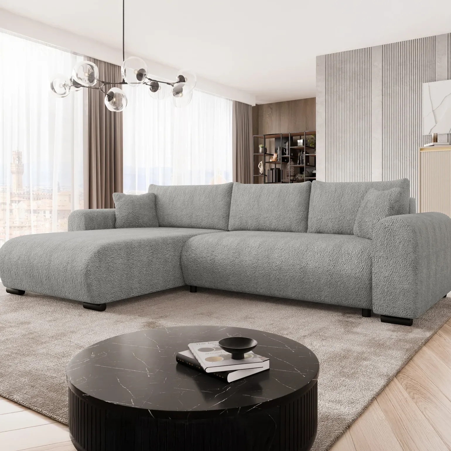 Divano letto angolare 4 posti 285x188cm con contenitore tessuto bouclé grigio chiaro Soft