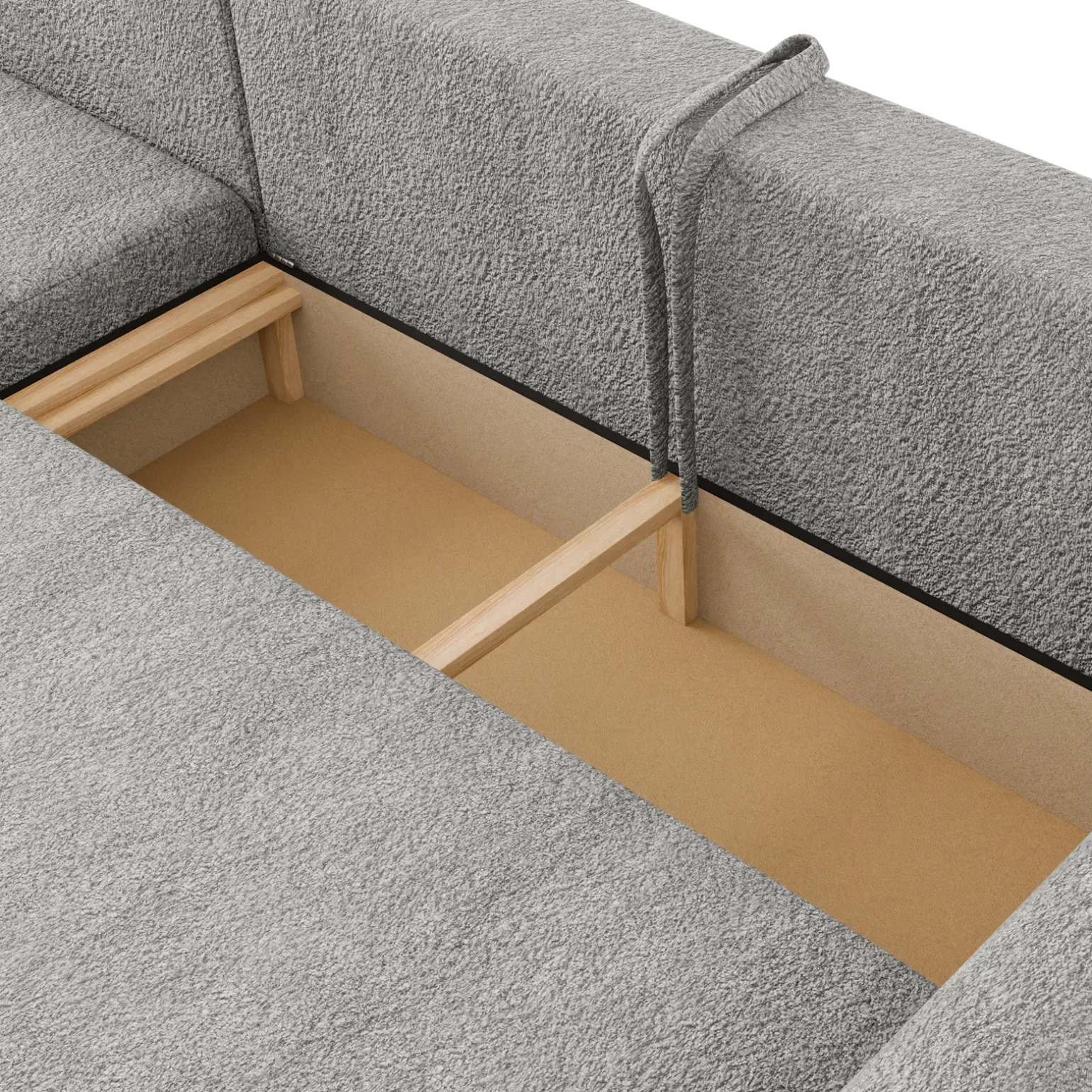 Divano letto angolare 4 posti 285x188cm con contenitore tessuto bouclé grigio chiaro Soft
