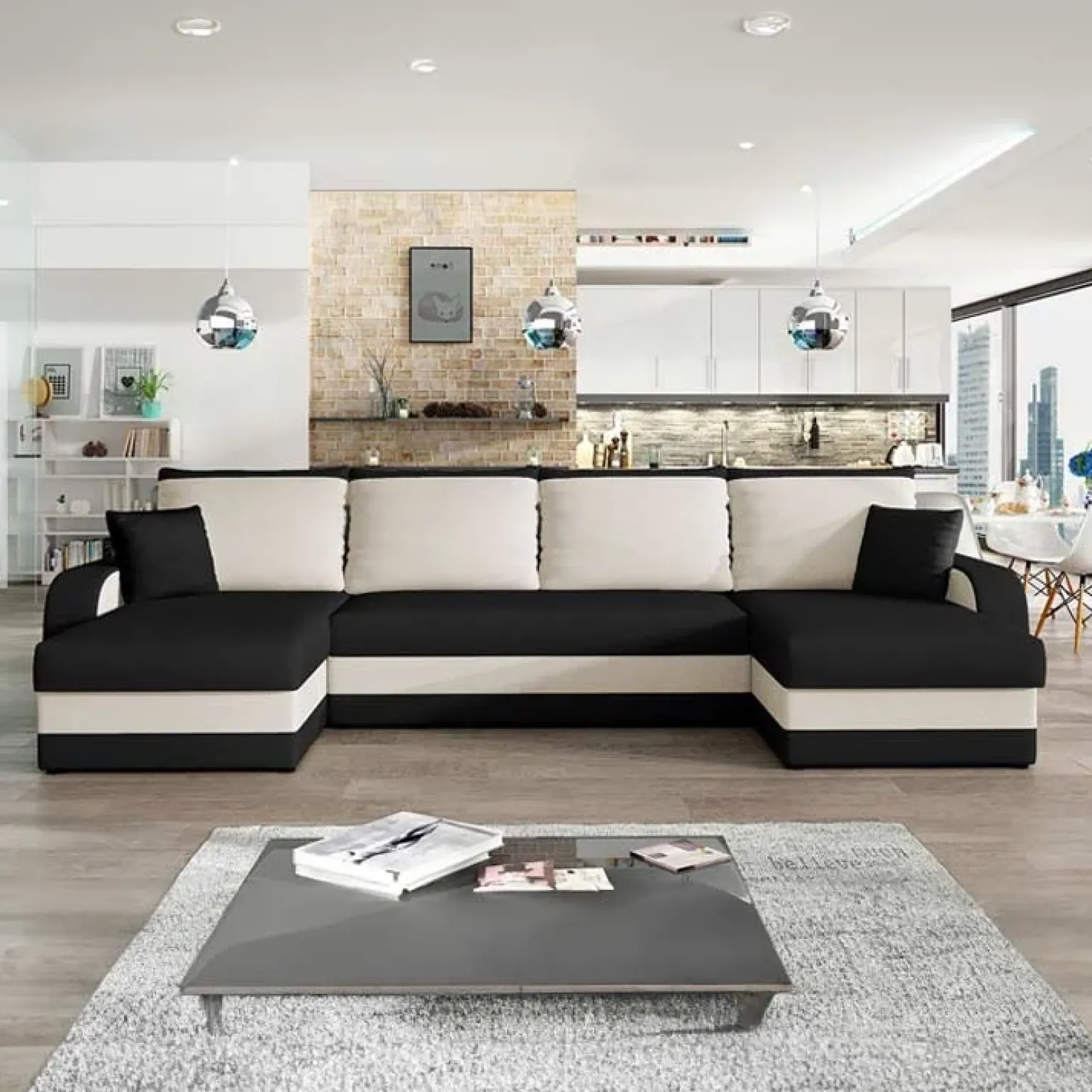 Divano letto angolare 5 posti 304cm contenitore nero ecru Assunta