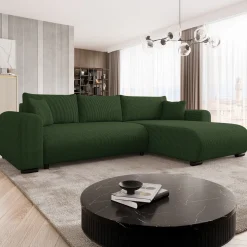 Divano letto angolare 4 posti 285x188cm con contenitore tessuto velluto a coste verde Soft