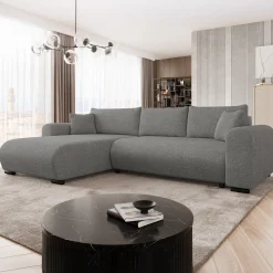 Divano letto angolare 4 posti 285x188cm con contenitore tessuto velo grigio scuro Soft