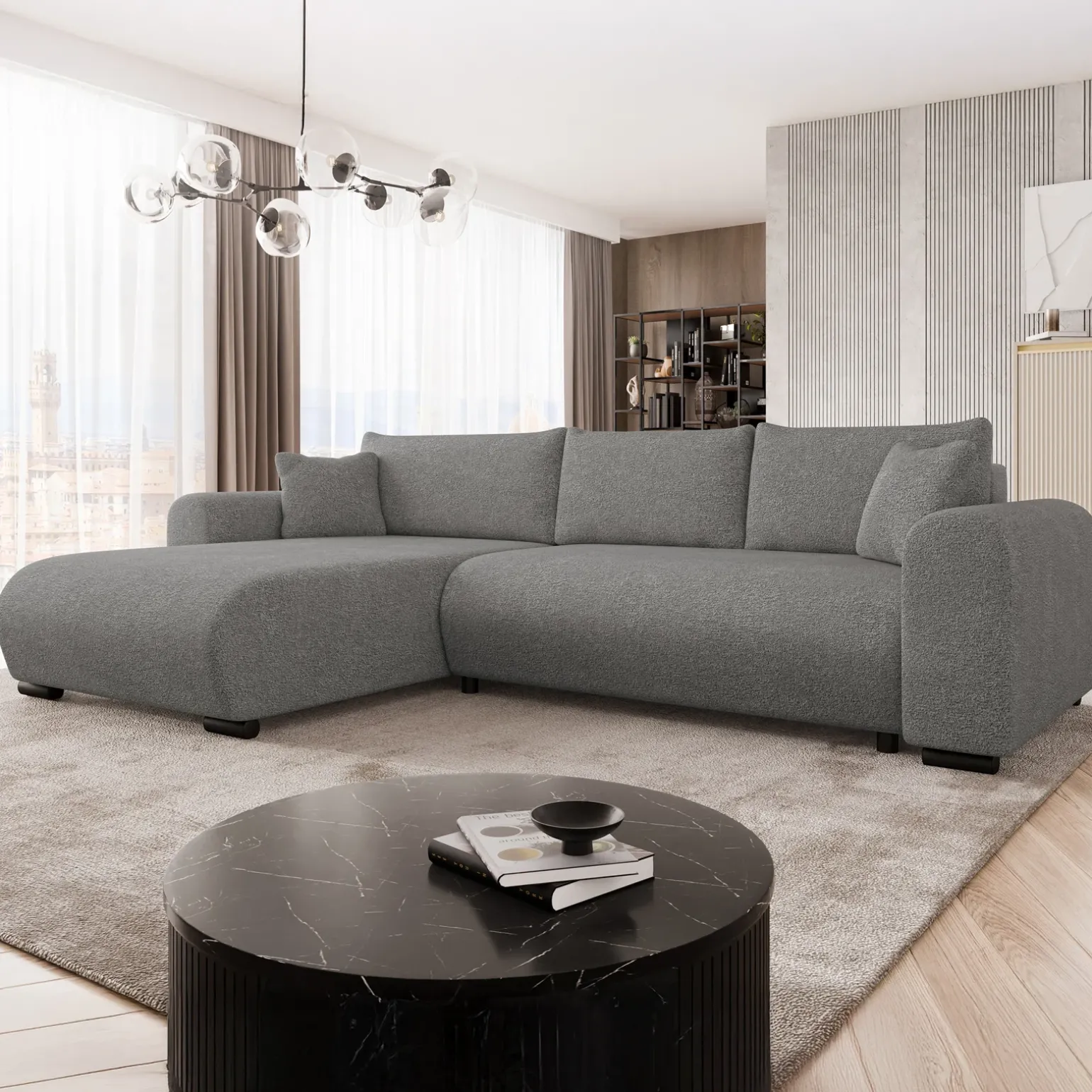 Divano letto angolare 4 posti 285x188cm con contenitore tessuto velo grigio scuro Soft