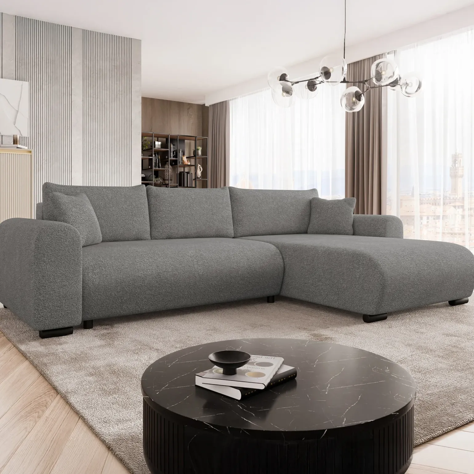 Divano letto angolare 4 posti 285x188cm con contenitore tessuto velo grigio scuro Soft