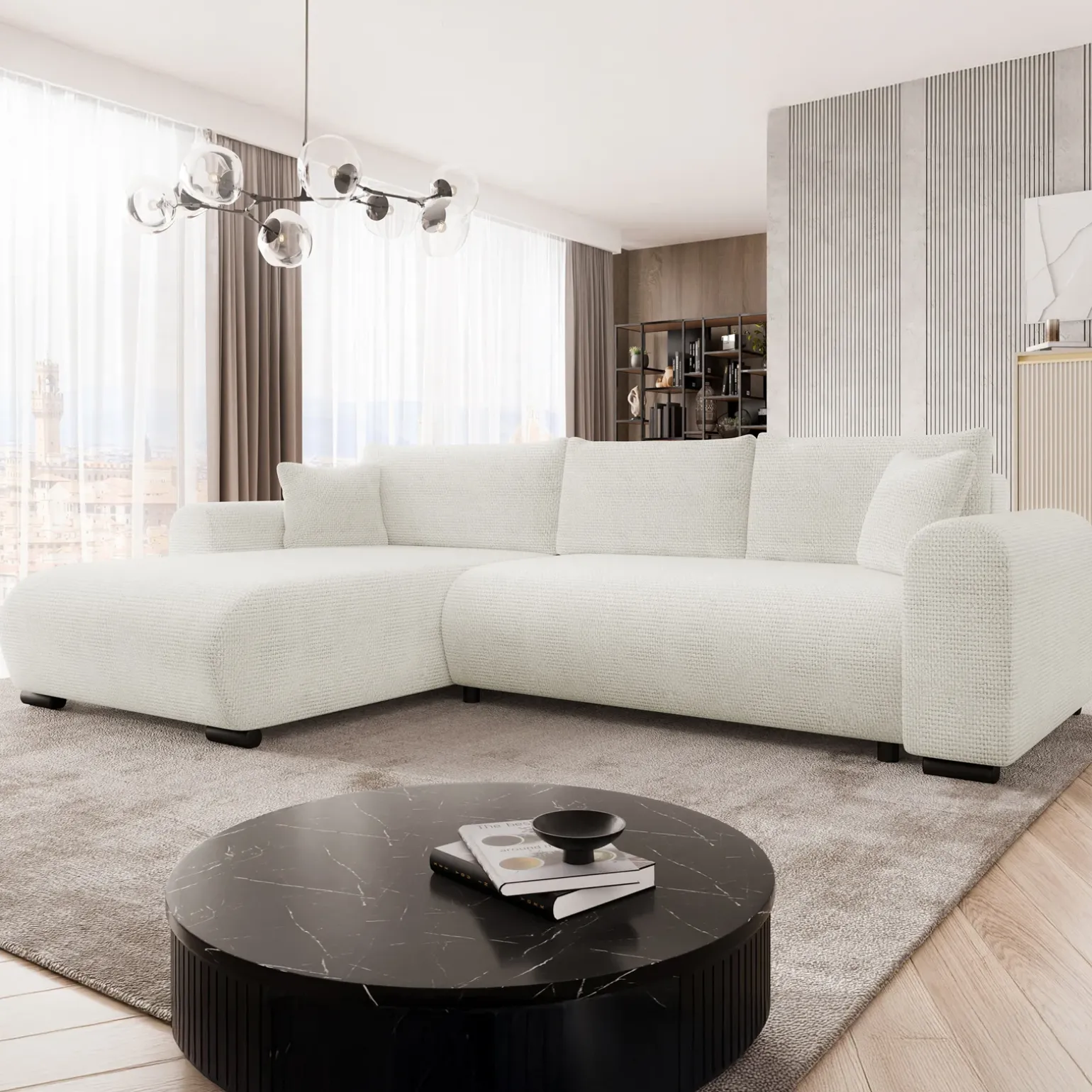 Divano letto angolare 4 posti 285x188cm con contenitore a trama spessa bianco Soft