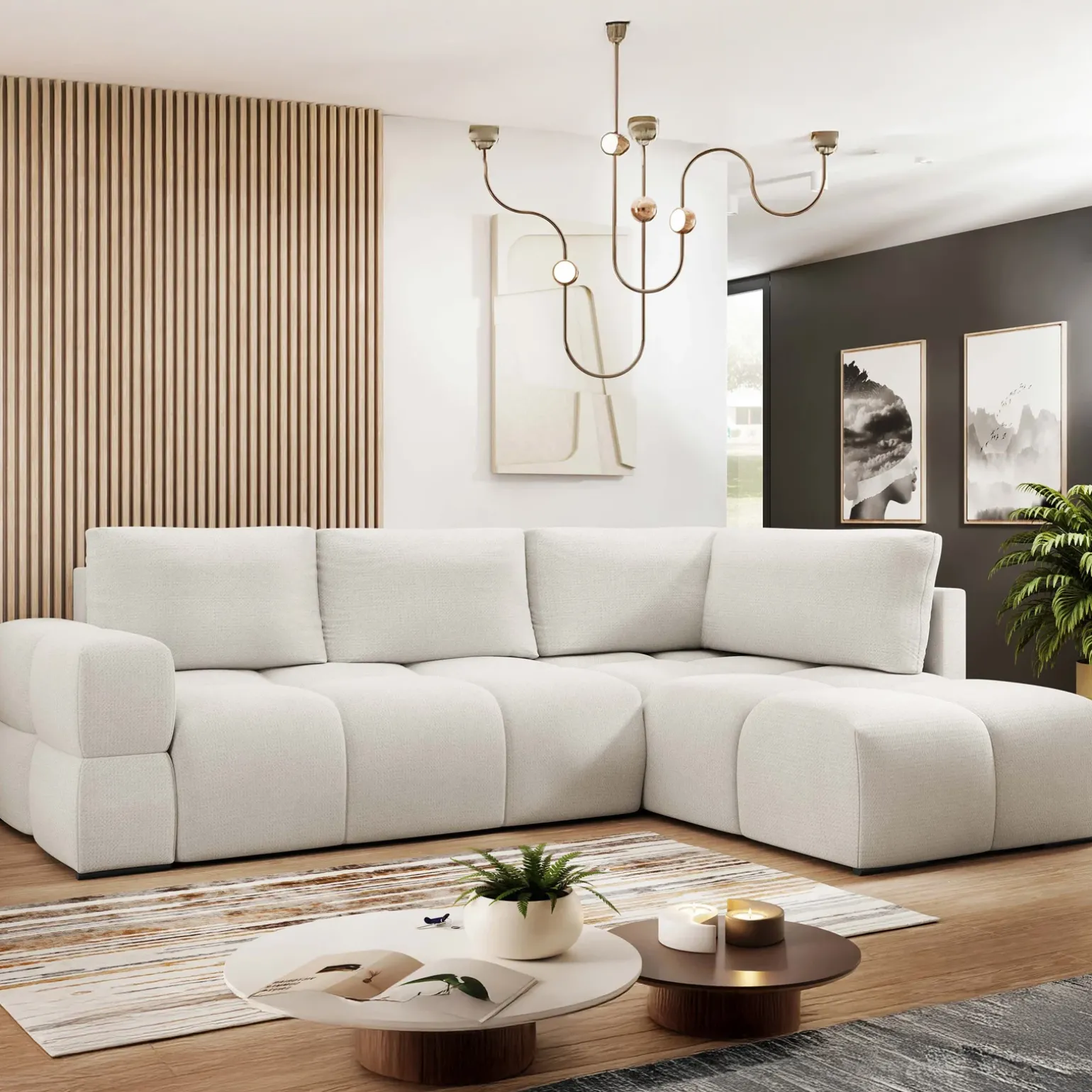 Divano letto angolare 3 posti 267x185cm box contenitore bianco perla Sottovoce