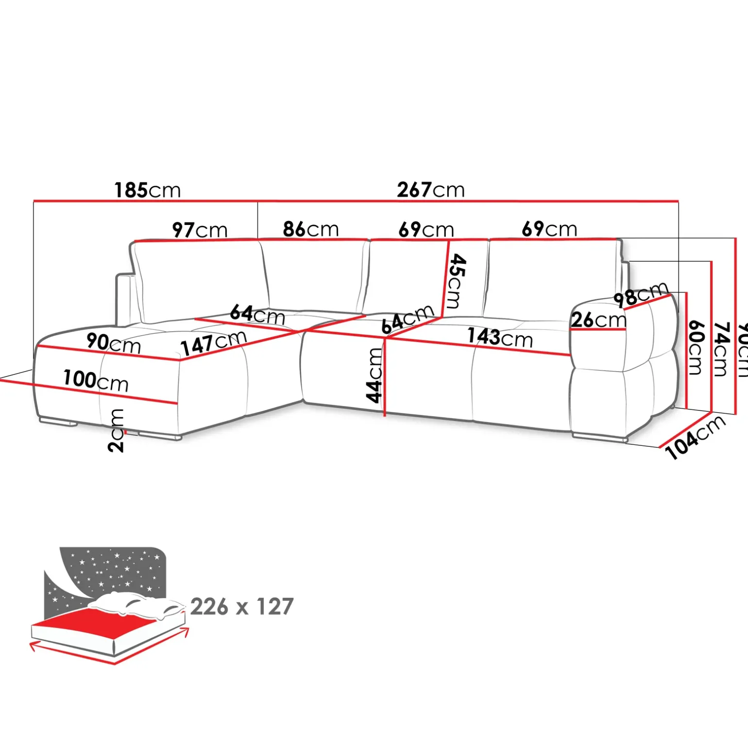 Divano letto angolare 3 posti 267x185cm box contenitore bianco perla Sottovoce