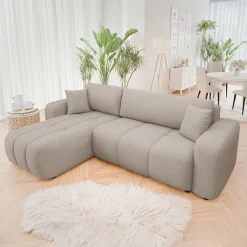 Divano letto angolare 3 posti 244x145cm con contenitore tessuto beige scuro Orama