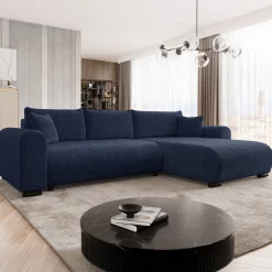 Divano letto angolare 4 posti 285x188cm con contenitore a trama spessa blu Soft