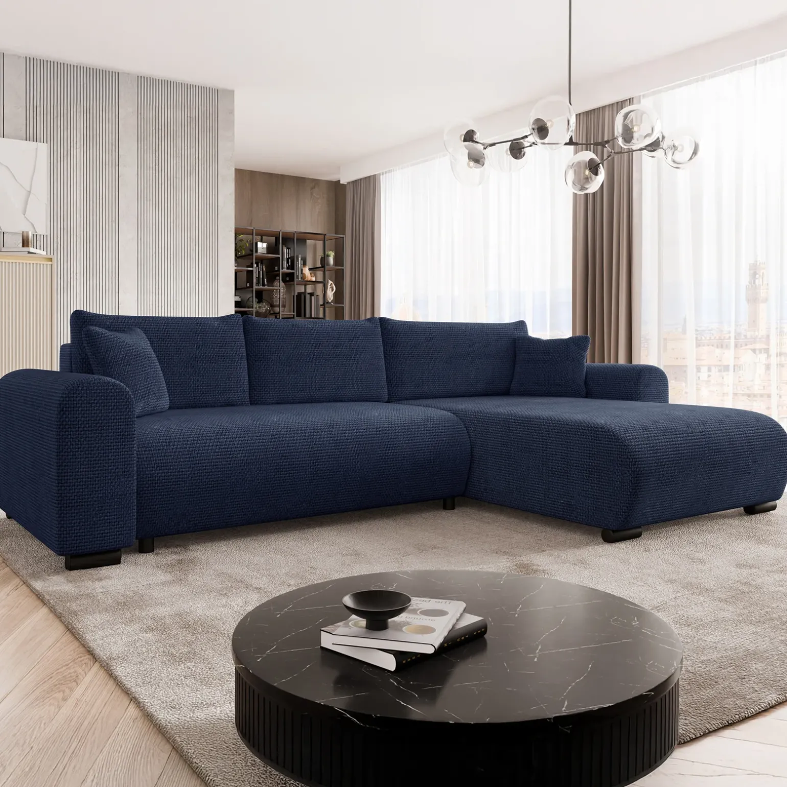 Divano letto angolare 4 posti 285x188cm con contenitore a trama spessa blu Soft