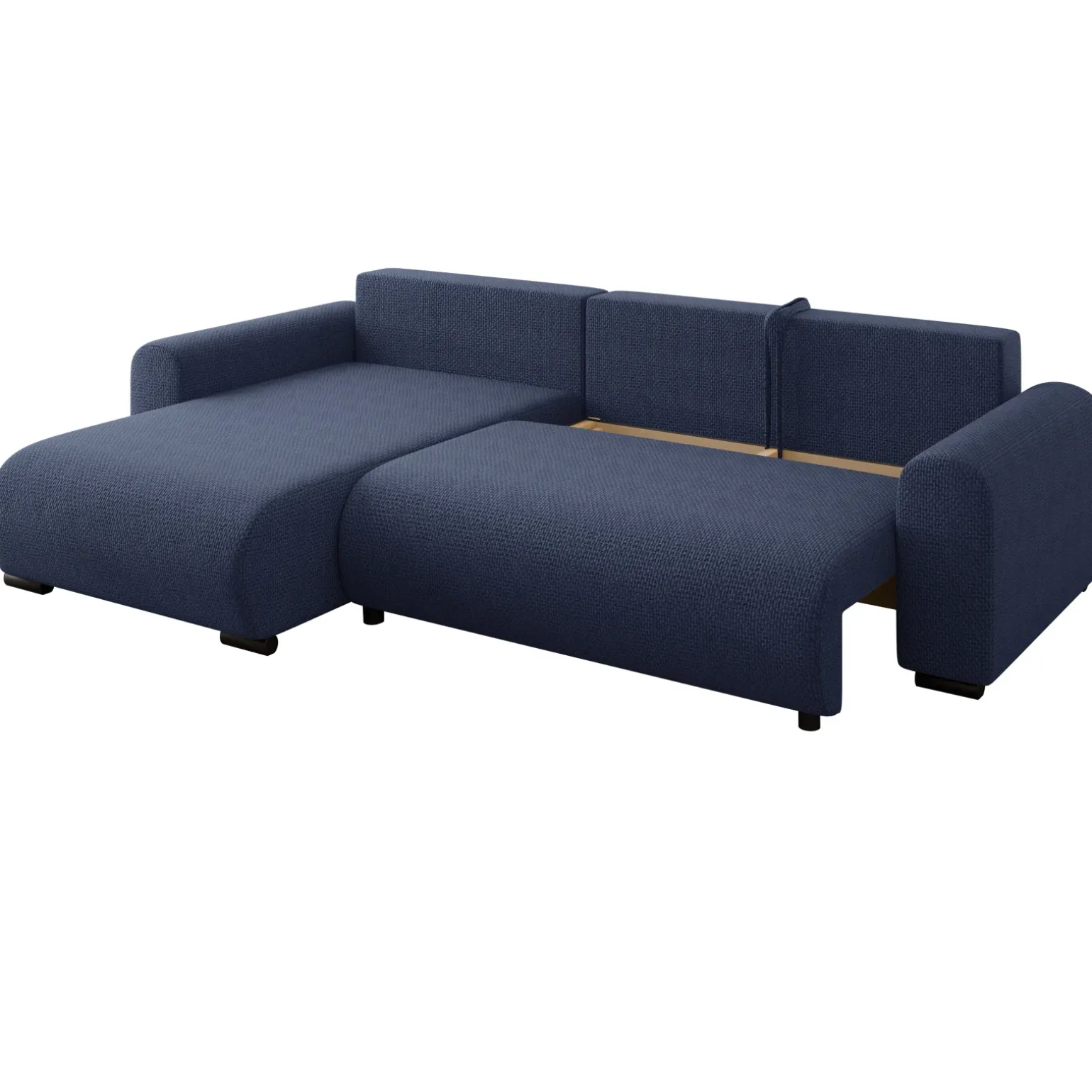 Divano letto angolare 4 posti 285x188cm con contenitore a trama spessa blu Soft
