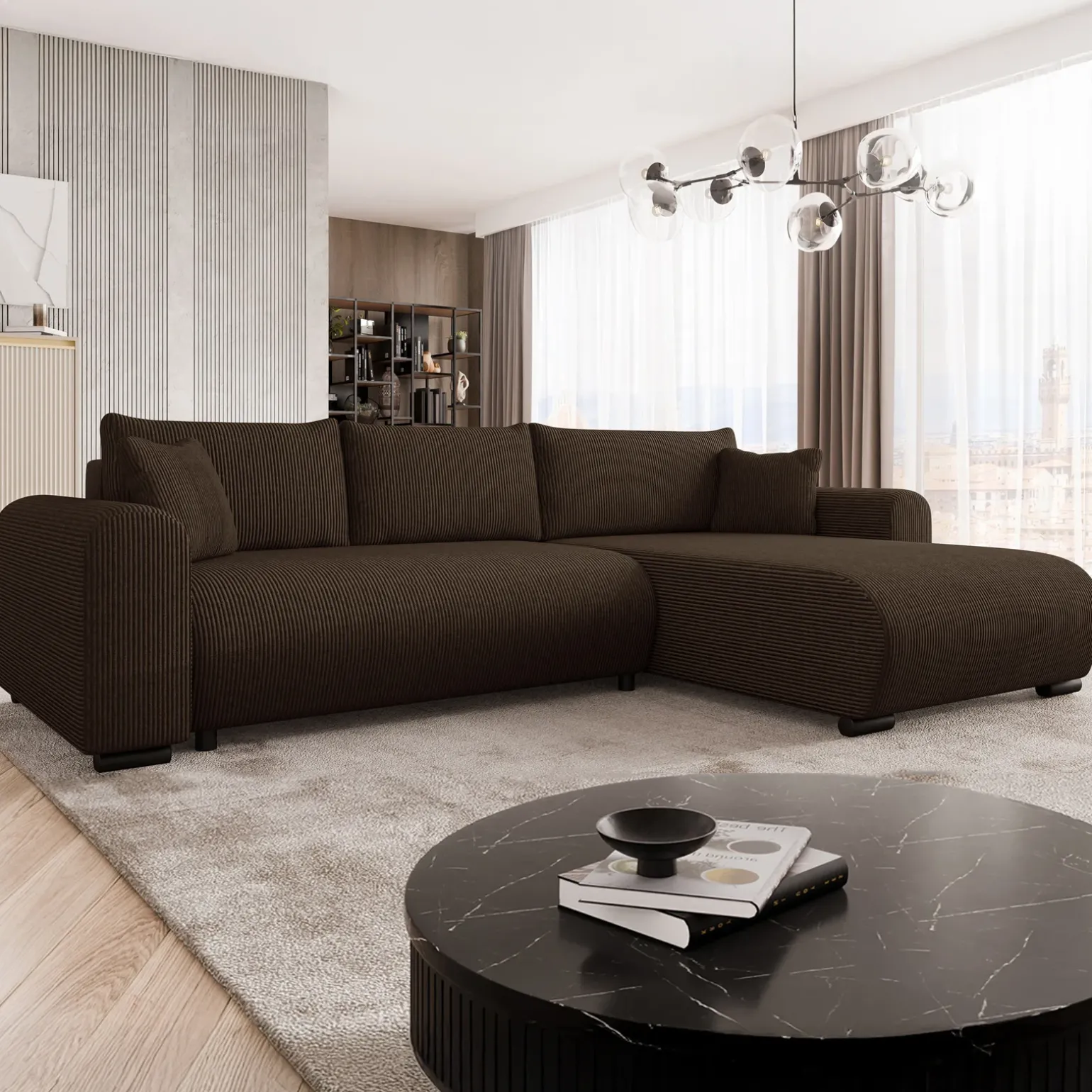 Divano letto angolare 4 posti 285x188cm con contenitore tessuto velluto a coste marrone scuro Soft