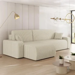 Divano letto angolare 3 posti 244x145cm con contenitore a coste beige Slurp