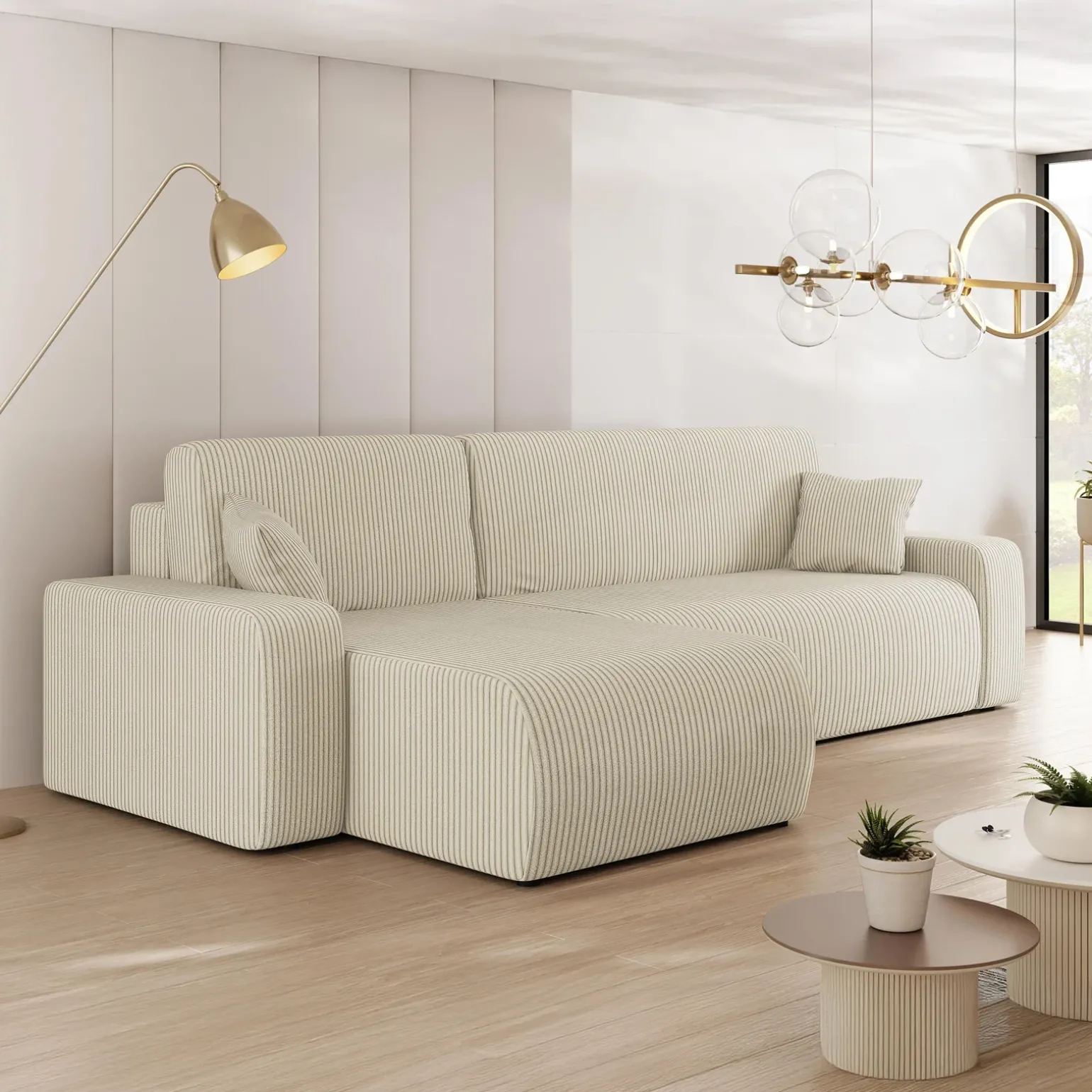 Divano letto angolare 3 posti 244x145cm con contenitore a coste beige Slurp