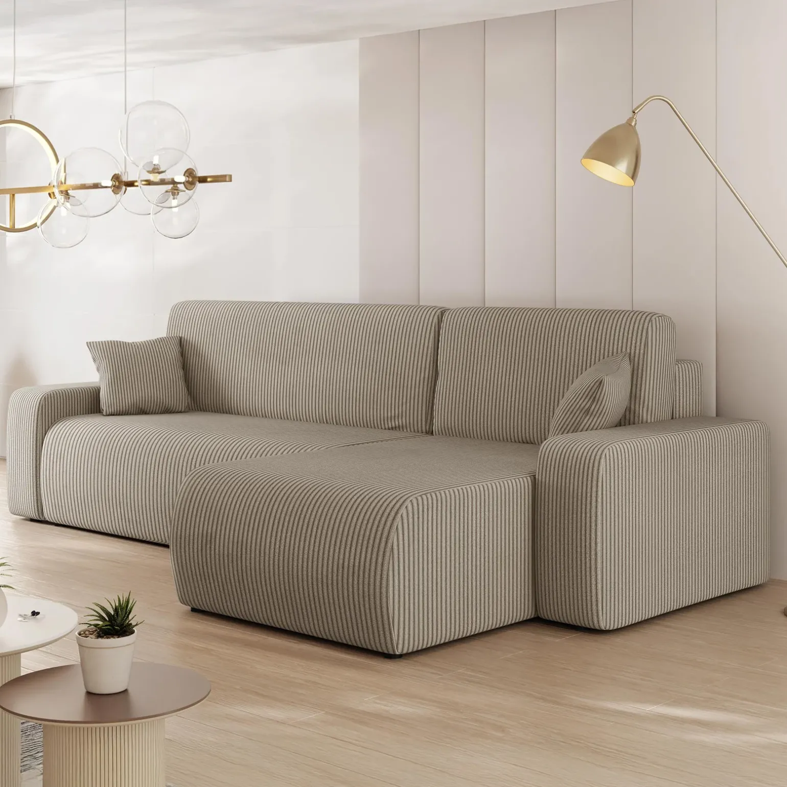 Divano letto angolare 3 posti 244x145cm con contenitore a coste tortora Slurp
