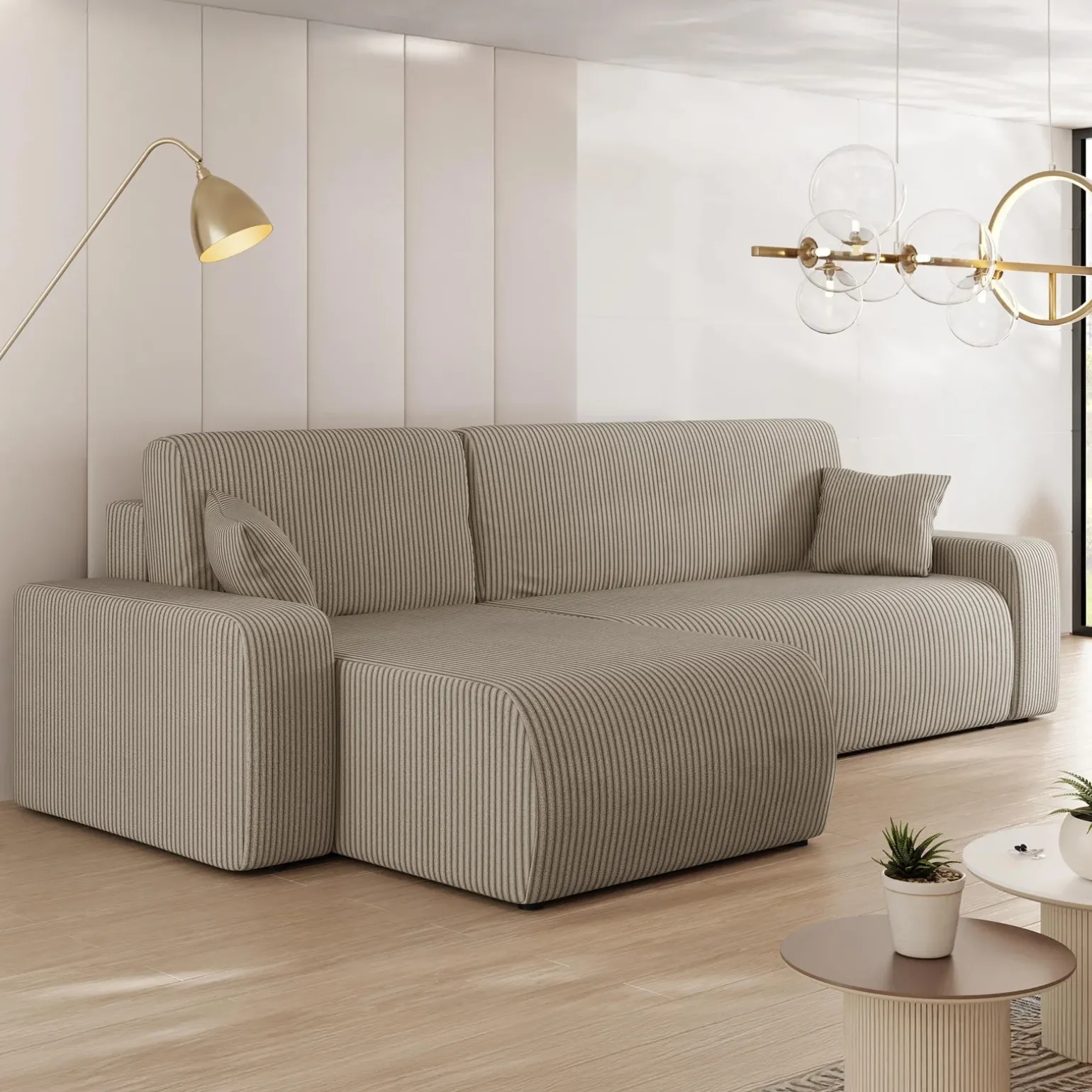 Divano letto angolare 3 posti 244x145cm con contenitore a coste tortora Slurp
