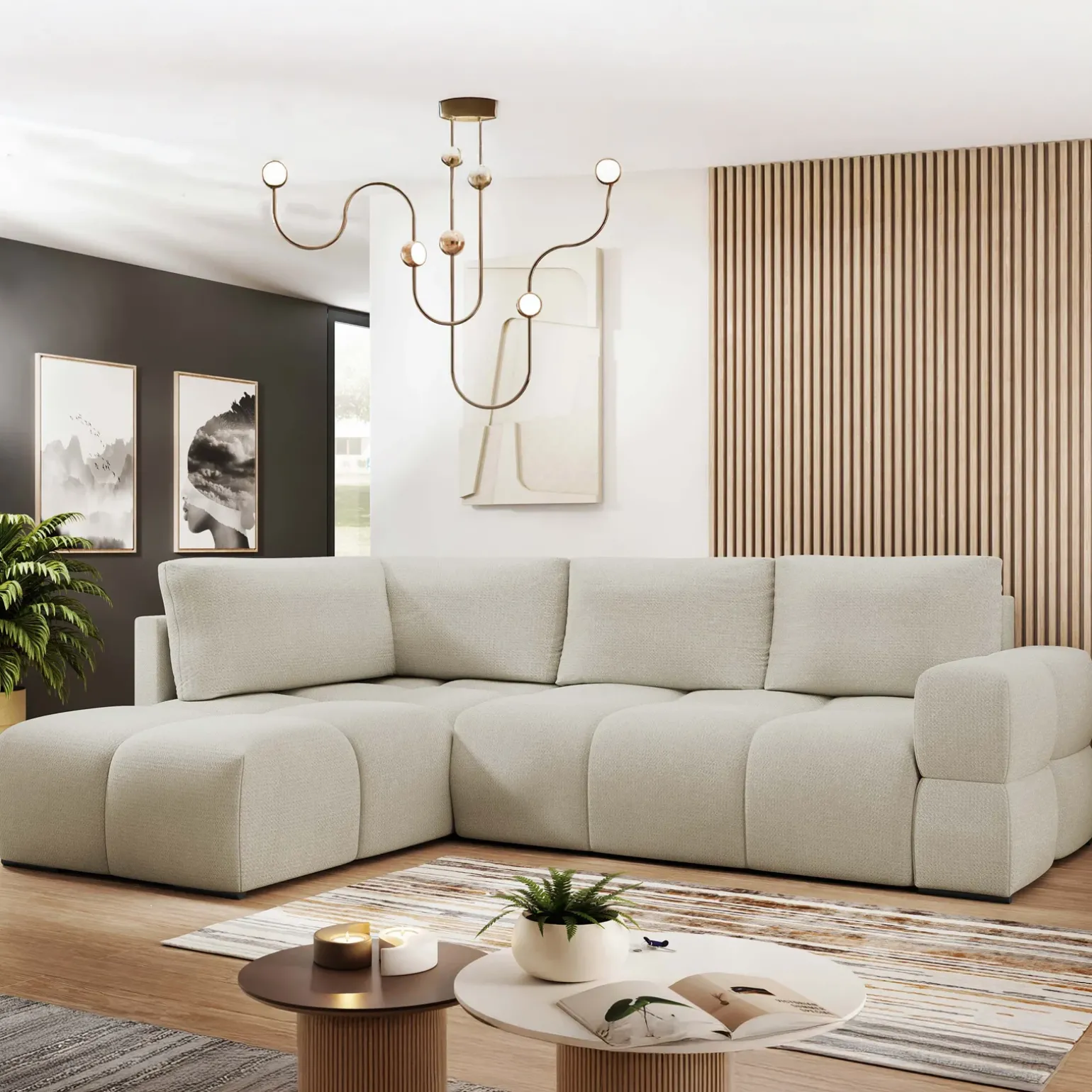 Divano letto angolare 3 posti 267x185cm box contenitore beige Sottovoce