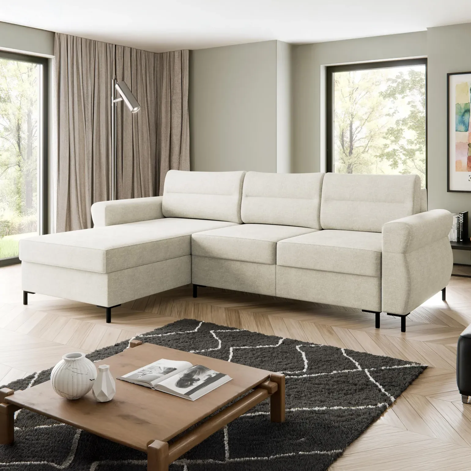 Divano letto angolare 3 posti 258x170 cm con box contenitore imbottito beige chiaro nero Velissa